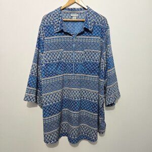 Catherines Blue Geometric Tunic Top Sz 4X Boho 1/2 Zip 3/4 Sleeve Pockets Office